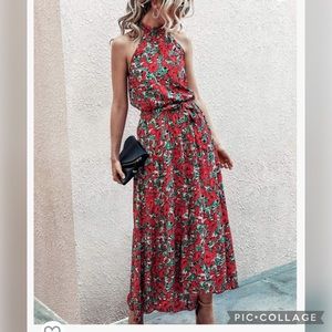 Backless Halter Neck Sleeveless Floral Long Maxi Dress with Belt